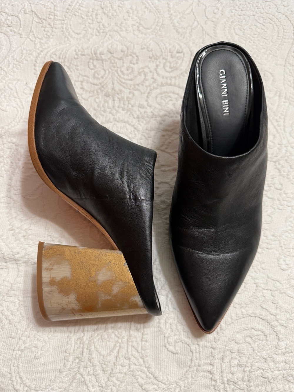 Gianni Bini Black Leather Pointed Mule with Marbled Gold Block Heel Size 10